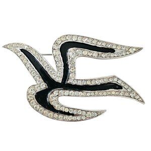 Trifari Vintage Modernist Bird Brooch Black Enamel Clear Rhinestone Pin, Signed